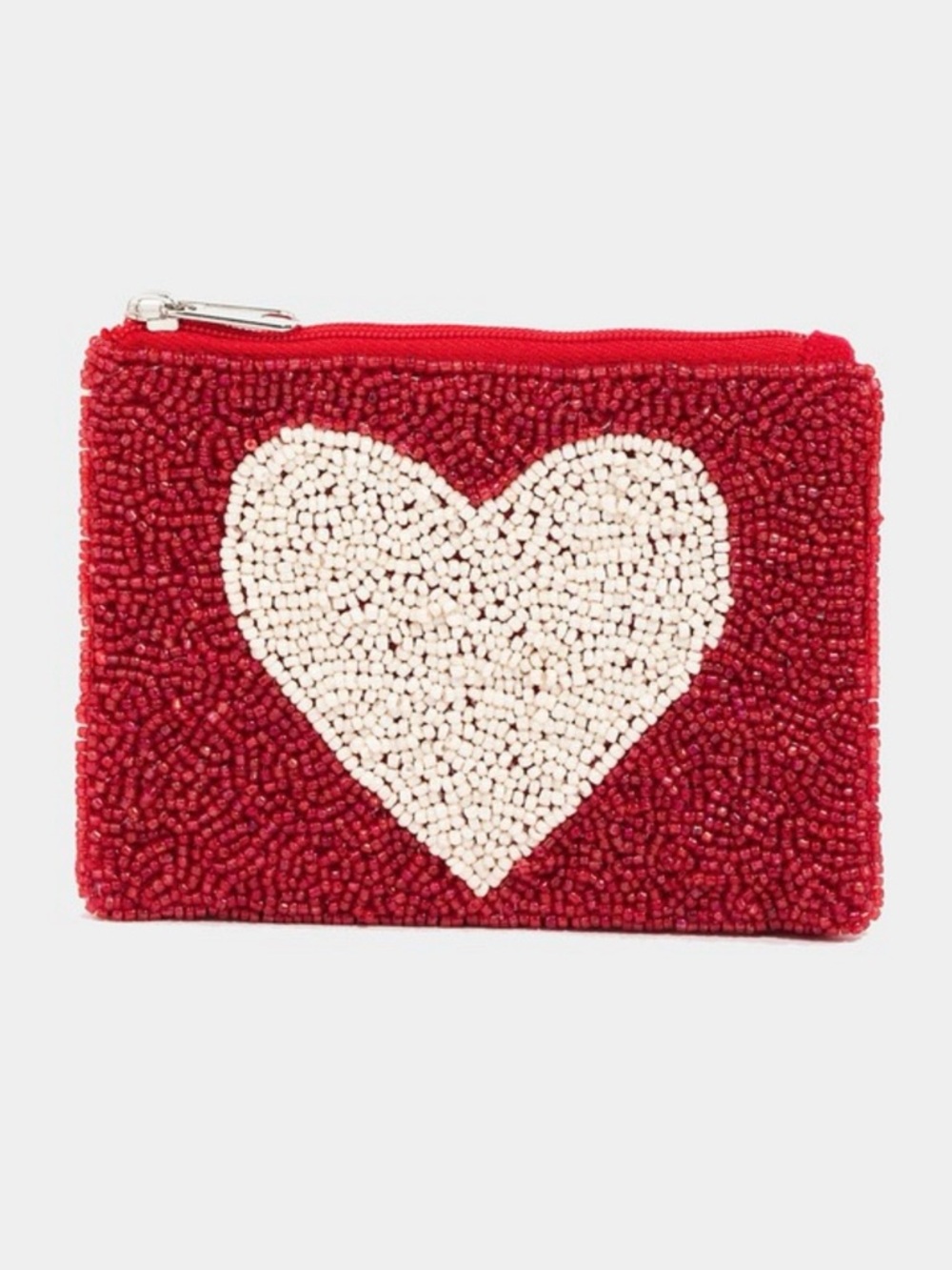 Beaded Heart Zip Pouch - Red